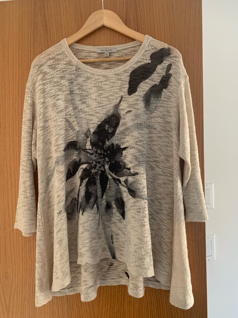 Neutral Floral Print Tunic Top - Beige with Blue abstract Flower made in USA